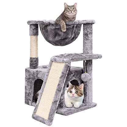 SYANDLVY Cat Tree for Indoor Cats Large Adult, Modern Activity Tower with Scratching Posts & Board, Condo with Plush Perch, Climbing Stand with Cradle & Hanging Ball for Play, Light Grey - color: Light Grey