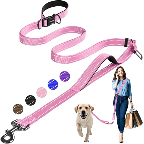 Hands Free Dog Leash by Kazazoo, Adjustable 5.8-8.5FT Waist & Crossbody Leash with Quick Off Buckle, Reflective Stitches for Walking, Jogging,Medium to Large Dogs & Puppies M Size Pink - color: Pink, size: M