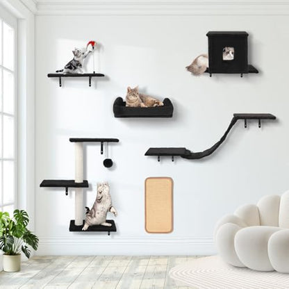 Cat Wall Shelves, 6 in 1 Cat Wall Furniture Set with Condos House, Bed, Bridge, Tree, Steps, Scratching Board, DIY Walls Playground for Indoor (Black) - color: Black