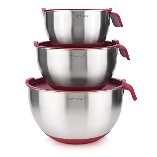 AVACRAFT 18/10 Stainless Steel Mixing Bowls with Lids, non slip silicone base bowls with Handle, Mixing Bowl Set with Pour Spouts & Measurement Marks, Home Essentials Cooking Bowls, (Red) - color: Red