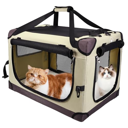 PEGIC Large Cat Carrier for Car Travel, Soft Sided Collapsible Pet Carrier for Outdoor and Indoor Uses, Roomy Extra Large Carrier for 2 Kittens, Large Cat or Puppies up to 50lbs, Brown - color: Brown