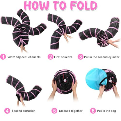Poen 21 Pcs Cat Tunnel for Indoor Set Collapsible 5 Way Tubes with 20 Pcs Cat Kitten Toys Interactive Feather Toy Mouse Crinkle Balls Tube for Puppy Kitten Rabbit(Pink Black) - color: Pink Black