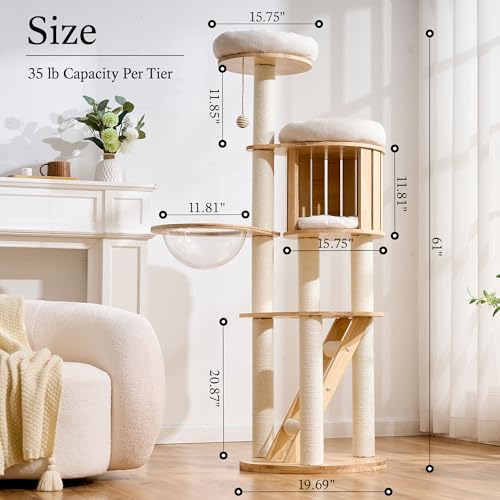 797Audio Wood Modern Cat Tree, 61.5" Tall Cat Tower with Sisal Scratching Posts, Cat Condo, Capsule and Ladder, Solid Wooden Aesthetic Multi-Level Cat Climbing Tree for Large Adult Indoor Cats - color: 62 Inch