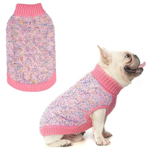 BEAUTYZOO Cable Knit Small Dog Sweater, Color Block with Fuzzy Thread Knitted Turtleneck Dog Knitwear with Dots in a Variety of Colors for Small Medium Dogs Fall Winter Dog Clothes, M Pink - color: Pink Pom Poms, size: M (Back: 16", Chest: 21", Neck: 13")