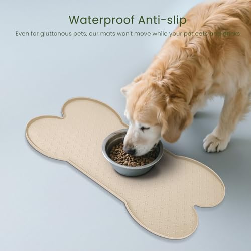 PWTAA Dog Food Mat Anti-Slip Silicone Dog Bowl Mat Thicker Pet Placemat Waterproof Cat Feeder Pad with Raised Edge Puppy Kitten Feeding Mats Suitable Small Medium-Sized Dogs Cats Eating Tray - color: Beige, size: 25.6" x 13"