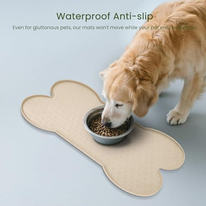 PWTAA Dog Food Mat Anti-Slip Silicone Dog Bowl Mat Thicker Pet Placemat Waterproof Cat Feeder Pad with Raised Edge Puppy Kitten Feeding Mats Suitable Small Medium-Sized Dogs Cats Eating Tray - color: Beige, size: 25.6" x 13"