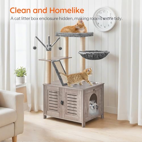 HOOBRO Cat Tree with Litter Box Enclosure, 44" Tall Wooden Cat Tower with Scratching Posts, Cat Hammock, Hidden Litter Box Furniture, All-in-One Indoor Cat Condo, Greige BG48MZ03 - color: Greige