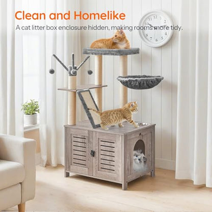 HOOBRO Cat Tree with Litter Box Enclosure, 44" Tall Wooden Cat Tower with Scratching Posts, Cat Hammock, Hidden Litter Box Furniture, All-in-One Indoor Cat Condo, Greige BG48MZ03 - color: Greige