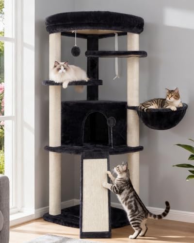 Gitelsnour Corner Cat Tree for Indoor Cats, Cat Tower with All Sisal Scratching Posts, Multi-Level Cat Condo wth Cat Cave, Large Top Perch, Hanging Basket, Sisal Scratching Ramp, Drak Gray GCT025G - color: Smoky gray