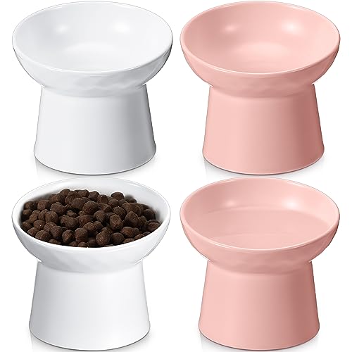 Tanlade 4 Pcs Ceramic Raised Cat Bowls, Elevated Tilted Cat Bowl for Food Water, Stress Free, Backflow Prevention, Dishwasher Microwave Safe, Feeder Dish for Indoor Kitten, Small Dogs(White and Pink) - color: White and Pink