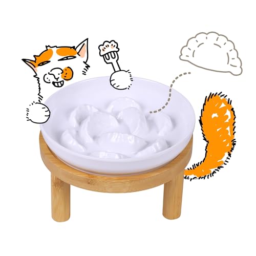 Slow Feeder Bowl, 6.3″ Elevated Cat Bowl with Stand, Melamine Wide Shallow Food Bowl, Whisker-Friendly Raised Plate, Wet Food Feeder for Slow Eating (White) - color: White, size: 1 Pack with Stand - 6.3''W x 1.5''H