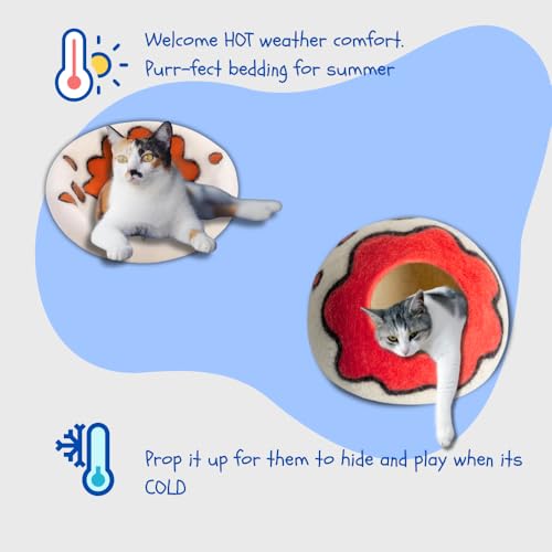 Premium Merino Wool Cat Cave Bed. Foldable, Eco-Friendly, Handmade Felt Kitten Bed and Covered Cat House (43x43cm). Hideaway Pod for Cats. Easy to Clean and Maintain. for Small to Medium cat. Red - color: Red