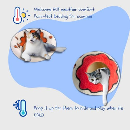 Premium Merino Wool Cat Cave Bed. Foldable, Eco-Friendly, Handmade Felt Kitten Bed and Covered Cat House (43x43cm). Hideaway Pod for Cats. Easy to Clean and Maintain. for Small to Medium cat. Red - color: Red
