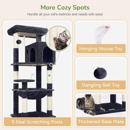Globlazer Cat Tree Tower with Scratching Post for Indoor Cats, 53inch Tall Plush Multi-Level Cat Climbing Tower Condo House with Large Hammock, Spacious Cat Condo, Big Padded Top Perch, F53, Dark Gray - color: Dark Gray