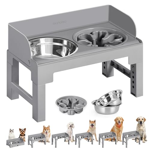 Feandrea Dog Bowls Elevated, Raised Stand with 1 Slow Feeder and Two 304 Stainless Steel Bowls, Adjustable Height and Tilted Design, Dove Gray UPRB103GD01 - color: Dove Gray
