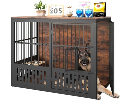 Yafylly 48 Inch XXL Dog Crate Furniture, Wooden Chewproof Dog Kennel with Interactive Window, 360° Adjustable Bowls (5 Heights), Storage Table Top, Heavy Duty XL Dog Crate for Medium Large Dogs, Brown - color: Brown with Window & Bowls, size: 48in