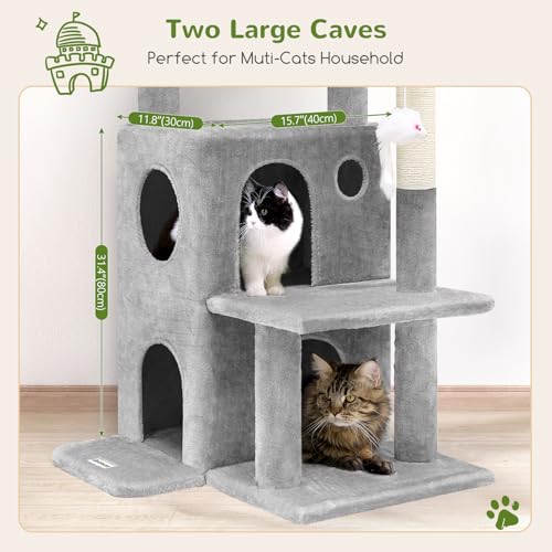 Globlazer Cat Tree Tower for Indoor Cats, 50-inch Adult Cat Tree House for Large Adult Cats with Steps, Scratching Post, 2 Cat Caves, Dangling Toys, FC50, Light Grey - color: Light Grey