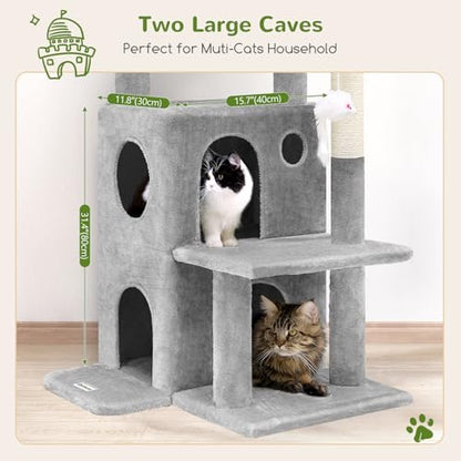 Globlazer Cat Tree Tower for Indoor Cats, 50-inch Adult Cat Tree House for Large Adult Cats with Steps, Scratching Post, 2 Cat Caves, Dangling Toys, FC50, Light Grey - color: Light Grey