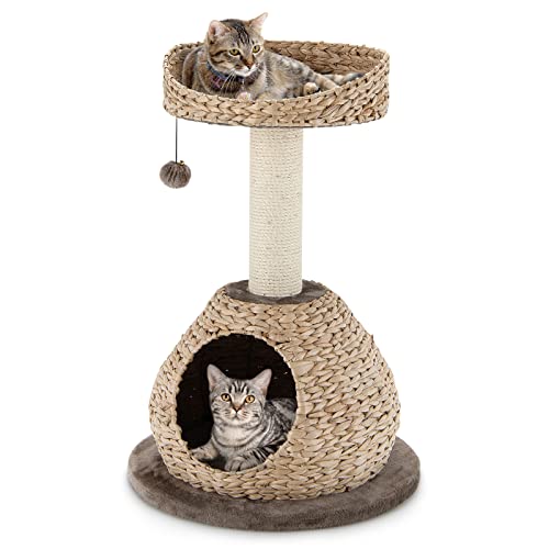Tangkula Modern Cat Tree, Small Cat Tower with Natural Sisal Scratching Post, Hand-Made Wicker Cat Condo & Top Perch, Funny Hanging Toy Ball, Cute Cat Tree Tower for Indoor Cats - color: Dark Coffee, size: 28.5 Inch