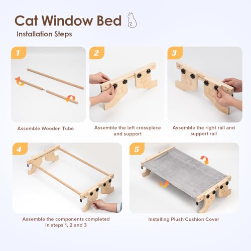 Cat Window Perch- Cats Windows Bed for Indoor- Cat Windowsill Hammock with Cushion- No Suction Cups 2 in 1 Kitty Perch&Beds- Large Kittens Wood Hammock Hanging(24.5 * 15in)- Kitty Shelf Seat
