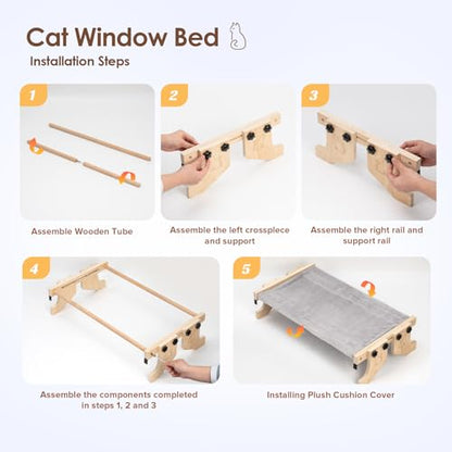 Cat Window Perch- Cats Windows Bed for Indoor- Cat Windowsill Hammock with Cushion- No Suction Cups 2 in 1 Kitty Perch&Beds- Large Kittens Wood Hammock Hanging(24.5 * 15in)- Kitty Shelf Seat