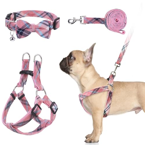 BINGPET Dog Harness Collar Leash Set,Adjustable No Pull Escape Proof Small Dog Harness,Classic Plaid Puppy Harness and Leash Set for Small Medium Large Dogs Training Easy Walk Running(Pink,S) - color: Pink Plaid, size: S(Chest Girth:14.9''-20.9'')