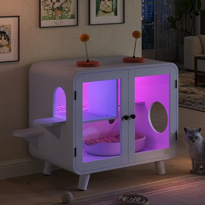 Merax Cat Hidden Litter Box Enclosure with RGB LED Light – Retro TV-Style Cat House Cabinet with Stairs, Pom-Pom Toys, Litter Leak Walkway & Glass Doors for Living Room,Cream - color: Cream