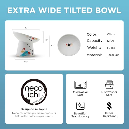 Necoichi Elevated Cat Food Bowl, Ceramic (Porcelain),15° Tilted, Whisker-Friendly, Dishwasher, Microwave Safe, Non-Slip, Anti-Vomiting, Neck Fatigue (Fuji, Extra Wide Tilted, 1.5-Cups Capacity) - color: Fuji, size: Large Extra Wide Tilted (1.5 Cups)