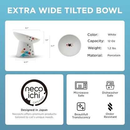 Necoichi Elevated Cat Food Bowl, Ceramic (Porcelain),15° Tilted, Whisker-Friendly, Dishwasher, Microwave Safe, Non-Slip, Anti-Vomiting, Neck Fatigue (Fuji, Extra Wide Tilted, 1.5-Cups Capacity) - color: Fuji, size: Large Extra Wide Tilted (1.5 Cups)