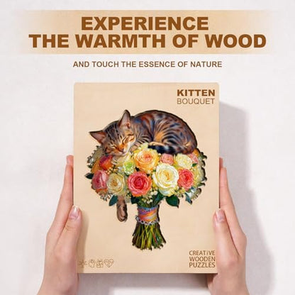 Cat Flower Bouquet Puzzles Adults Gifts Wooden 80 Pieces 8.5 * 7.6in - color: A Cat Flower Bouquet, size: Small
