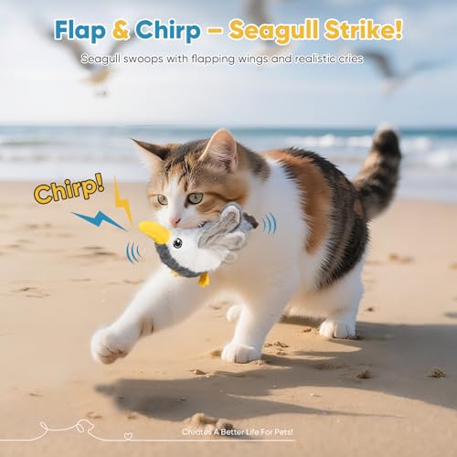 Petbobi Flapping Bird Cat Toys - Interactive Cat Toy with Flapping Wings(No-Flying) and Chirp Tweet, Rechargeable Motion-Activated Catnip Seagull Toys for All Breeds Kittens - color: Grey