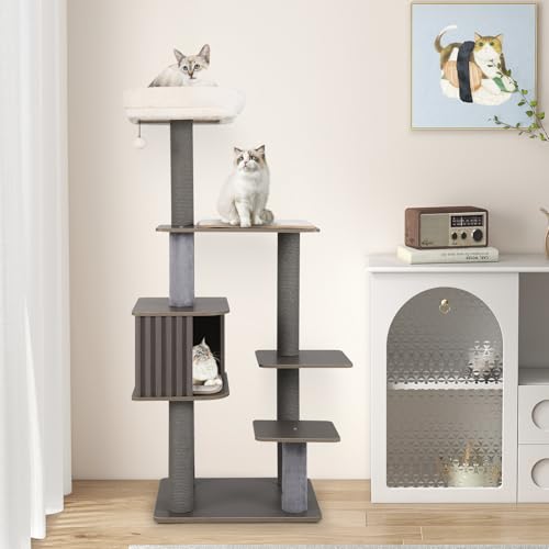 PETSITE 59.5 Inches Modern Cat Tree, Multi-Level Cat Tower with Scratching Posts, Large Condo with Removable Pad, Cushioned Soft Top Perch, and Interactive Dangling Ball (Grey) - color: Grey