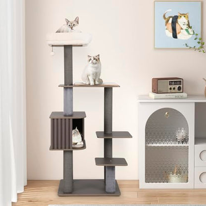 PETSITE 59.5 Inches Modern Cat Tree, Multi-Level Cat Tower with Scratching Posts, Large Condo with Removable Pad, Cushioned Soft Top Perch, and Interactive Dangling Ball (Grey) - color: Grey
