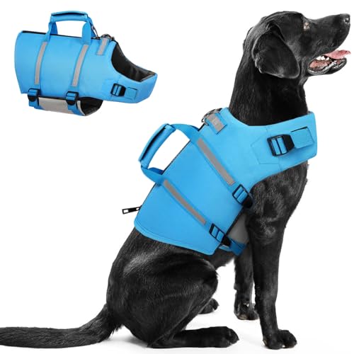 Queenmore Small Dog Life Jacket, High Floating Pet Life Preserver for Swimming and Boating, Adjustable Dog Water Vest with Back Zip and Rescue Handle (Blue S) - color: Blue, size: Small