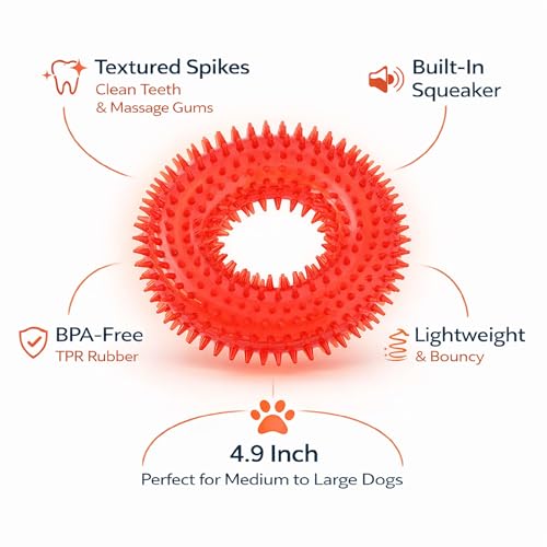 Squeaky Spiky Dog Ring Toy for Teeth Cleaning & Gum Massage 4.9 Inch Medium Large Dogs Red | Spiny TPR Rubber Chew Toy for Fetch Play Interactive Bouncy Dental Ring Durable BPA Free Nontoxic Floats - size: Red Ring - 1 Pack