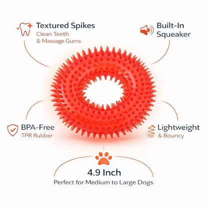 Squeaky Spiky Dog Ring Toy for Teeth Cleaning & Gum Massage 4.9 Inch Medium Large Dogs Red | Spiny TPR Rubber Chew Toy for Fetch Play Interactive Bouncy Dental Ring Durable BPA Free Nontoxic Floats - size: Red Ring - 1 Pack