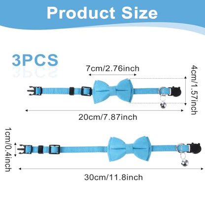 3Pcs Cute Cotton Kitten Collar with Removable Bow Tie and Bell, Adjustable Cat Breakaway Collar, Soft Bowtie Dog Collars Pattern Accessories for Small Medium Large Pet