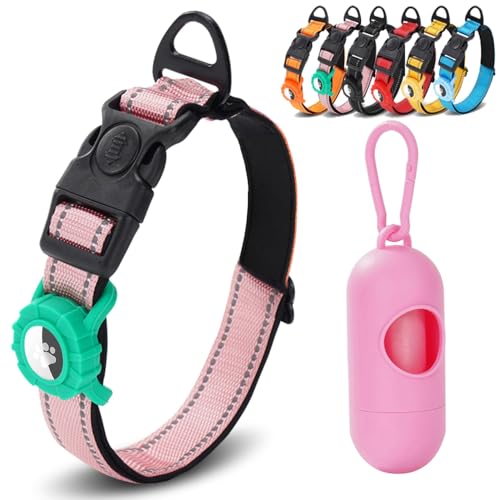 JSXD AirTag Dog Collar, Night Reflective Nylon Dog Collar for Small Medium Large Dogs,Lockable Quick Release Buckle,Padded Breathable Pet Collar with AirTag Holder (Pink, Small) - color: Pink, size: Small(9.4"-12.6")