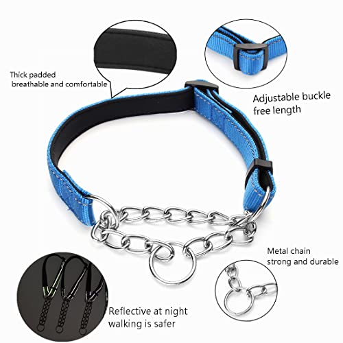 Martingale Dog Collars Adjustable Soft Nylon Reflective Collars with Stainless Steel Chain Walking Training Collars Heavy-Duty Puppy Chain Collars for Small,Medium,Large Dogs(Blue,L) - color: Blue, size: L-(dog's neck19-23inches)