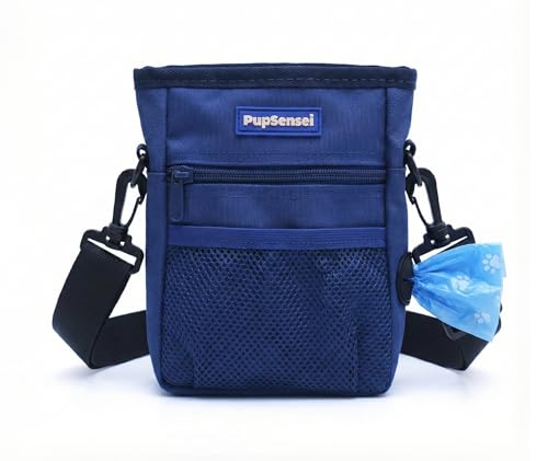Dog Treat Pouch for Training – Magnetic Dog Treat Bag with Belt Clip & Poop Bag Dispenser – Hands Free Carry Pouch with Auto-Close Access & Shoulder Strap – Durable Pet Gear – Navy Blue - color: Navy Blue