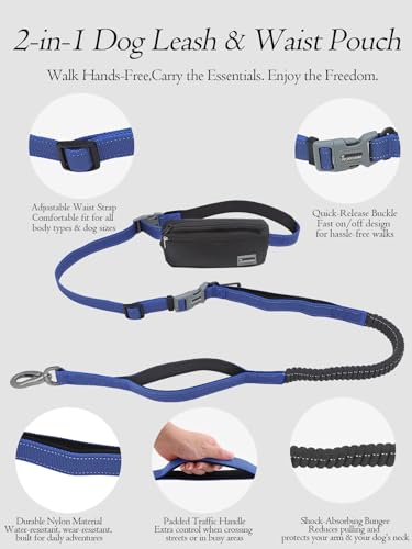 Hands Free Dog Leash with Zipper Pouch & Waist Belt – Reflective Durable Bungee Leash with Dual Padded Handles for Walking, Jogging & Running, Fits Small to Large Dogs (Blue) - color: Blue
