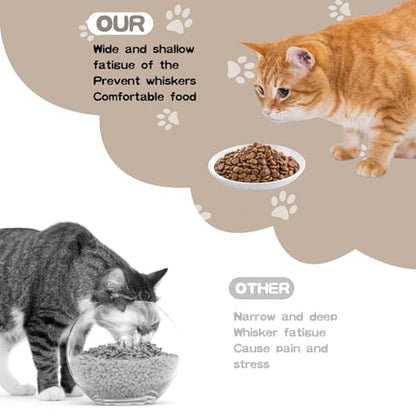 6 Pack Cat Food Bowl, Ceramic Cat Bowls, Anti Whisker Fatigue Cats Bowl Set,5.5 Inches Shallow Wide Kitten Plates for Food and Water (White-A) - color: White-A