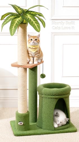 Cat Tree Tower Scratch Post Stand for Indoor, 41" Compact Palm Tree Kitten House Condo with Cozy Bed for Small Cats, Space Saving Design, Supports Climber Scratching Playing and Rest - color: Emerald Green, size: 41" tall
