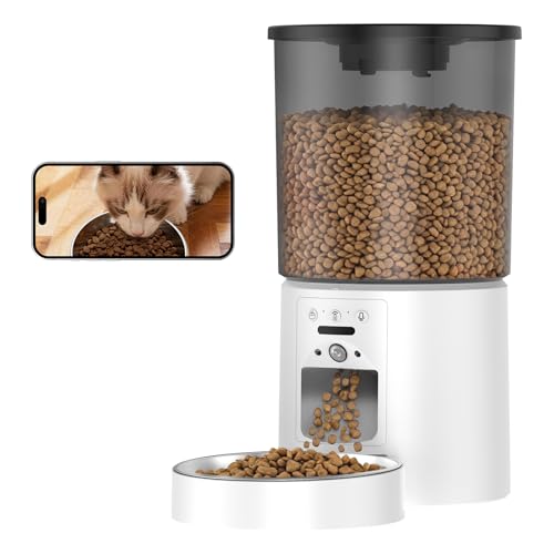 Miaosical Automatic Cat Feeder with Camera,WiFi Cat Food Dispenser with App Control,1080P HD Video,Two-Way Audio, Transparent 4.2L Food Container (White) - color: White