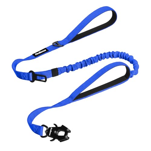 Heavy Duty Tactical Dog Leash, 5 FT Bungee Shock Absorption Leash with 2 Padded Handles, Quick Release Metal Clip, Car Seatbelt, No Pull Training Lead for Large Medium Dogs（Blue） - color: Blue