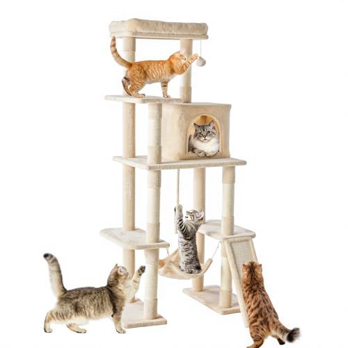 DUMOS Large 63in Cat Tree Tower, Multi Level Cat Climbing Tower with Condo, Natural Sisal Scratching Posts, Extended Platform, Hammock, Pet House for Indoor Cats and Kittens Play, Beige - color: Beige, size: 63 Inch