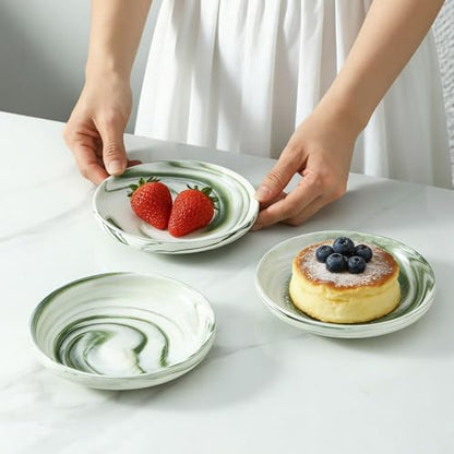 3 PCS Ceramic Cat Bowls, 5.5 in Pet Bowl Cat Dishes for Food and Water, Small Dog Dish(Marble Green) - color: Marble Green