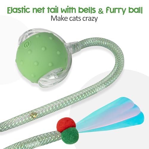 Interactive Cat Toys Ball for Indoor Cats, Automatic Moving Ball Toy with Elastic Mesh Tail, Chirping & Obstacle Avoidance and Motion Activated, Green【Rechargeable】 - color: Green
