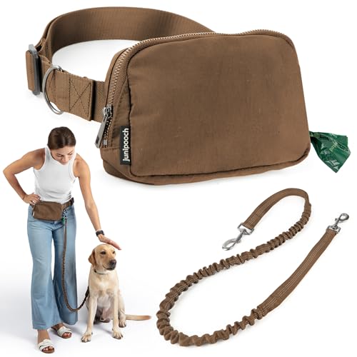 Hands Free Dog Leash with Dog Treat Pouch - Stylish & Trendy Waist Leash for Dog Walking - Wear Around the Waist or Crossbody - Durable & Detachable - Shock Absorbing - Waste Bag Dispenser - color: Caramel