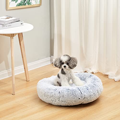 Bedfolks Calming Donut Dog Bed, 23 Inches Round Fluffy Dog Beds for Small Dogs, Machine Washable Anti-Anxiety Plush Puppy Bed（Light Blue, Small） - color: Light Blue, size: 23.0"L x 23.0"W x 7.0"Th